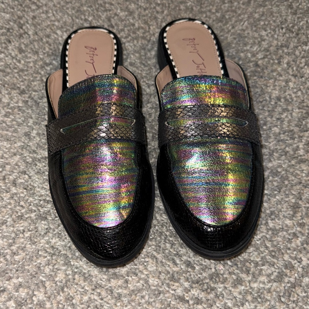 Betsey Johnson Markerr Penny Loafer Mule in a black multi/rainbow metallic - Picture 2 of 7